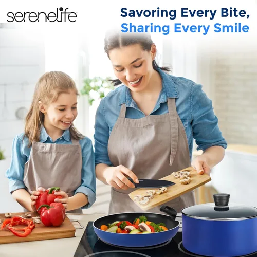 Miniatura 7 de SereneLife Juego de 20 utensilios de cocina azules con cuchillos, incluye ollas y sartenes de varios tamaños, antiadherentes con tapas y utensilios