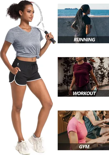 Miniatura 7 de MAGCOMSEN Camiseta de manga corta con cuello en V para mujer, absorbe la humedad, camiseta de entrenamiento atlético, ropa deportiva, tops de yoga