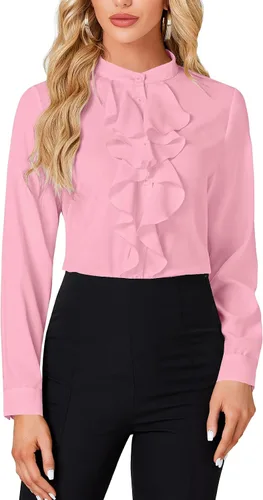 Miniatura 12 de LYANER - Blusa de cuello alto con botones, volantes en el frente, manga larga, camisa de trabajo para mujer