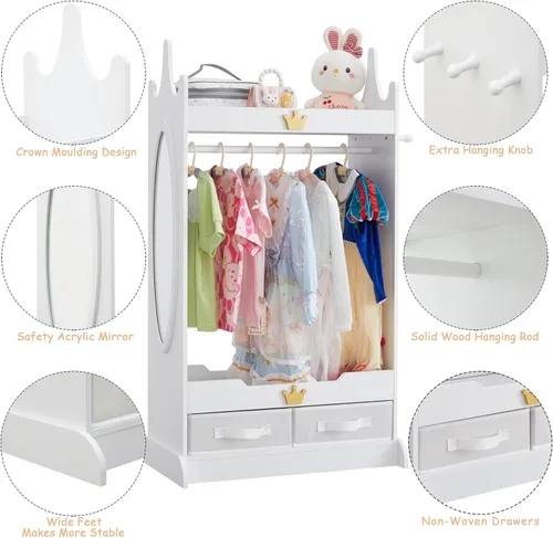 Miniatura 2 de Almacenamiento de disfraces para niños con espejo, armario para niños con cajones de tela no tejida, armario abierto para disfraces con barra