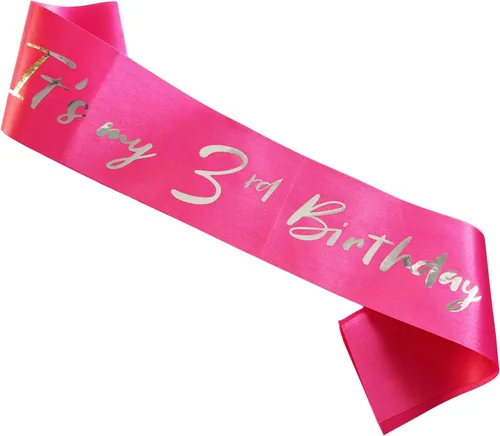 Banda de 3er cumpleaños para niña pequeña, banda de tercer cumpleaños para niñas, banda suave de satén rosa intenso con letra de papel de aluminio