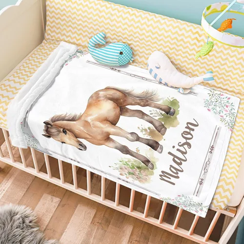Miniatura 2 de Manta de bebé personalizada con caballo, manta de bebé para niña, manta floral para bebé con nombre que recibe manta de bebé, manta de felpa suave