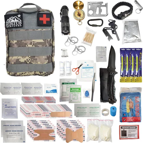 Kit de supervivencia y primeros auxilios Molle de 250 piezas, equipo de emergencia al aire libre y bolsa de trauma para camping, senderismo, caza,