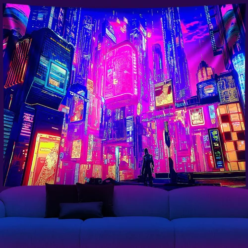 Miniatura 16 de NYZE Tapiz de luz negra de ciudad, tapiz de anime japonés, juego punk, fantasía, vista nocturna, paisaje urbano, arte futurista, neón, tapices