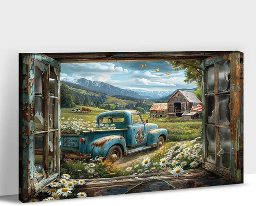 Miniatura 41 de Decoración rústica de granja en lienzo con ventana abierta, impresiones artísticas para pared, pintura de camión viejo, lienzo de granero y bandera