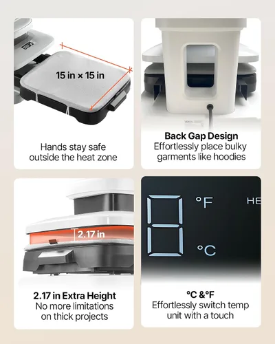 Miniatura 5 de VEVOR Máquina automática de prensa de calor, 15 x 15 pulgadas, máquina de prensa de camisetas con liberación automática y presión ajustable, Blanco