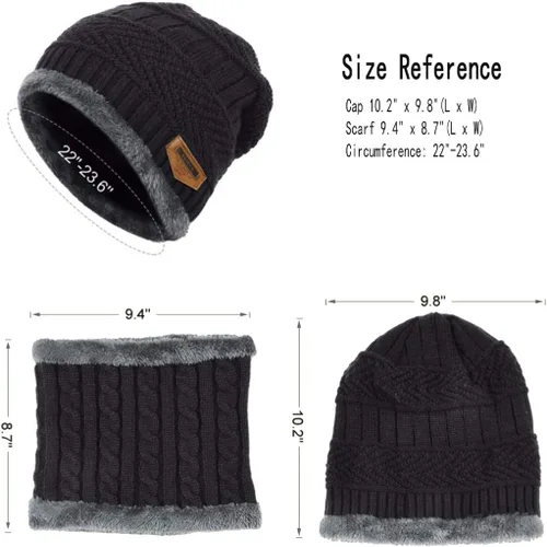 Miniatura 2 de Juego de 2 piezas de gorro de invierno para hombre, bufanda gruesa con forro polar, gorro de calavera, gorro de invierno de punto cálido, calentador