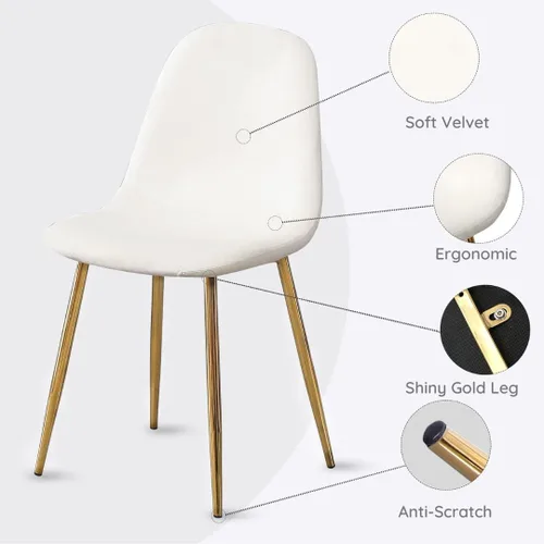 Miniatura 4 de Juego de 4 sillas de comedor de terciopelo crema, sillas de cocina modernas de mediados de siglo con patas cromadas doradas, elegantes sillas
