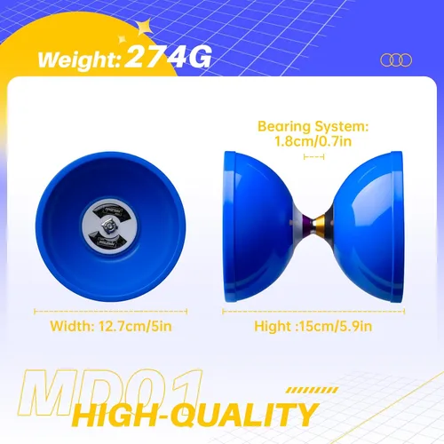 Miniatura 5 de MAGICYOYO Pro Triple Bearing Diabolo Tamaño mediano 5" Azul. Juguete Yoyo chino Diabolo de alto rendimiento con 2 pares de palos de carbono + 2