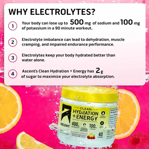 Miniatura 5 de Ascent Clean Hydration + Energy Electrolytes Powder - 100 mg de cafeína, 400 mg de electrolitos, sin ingredientes artificiales, limonada