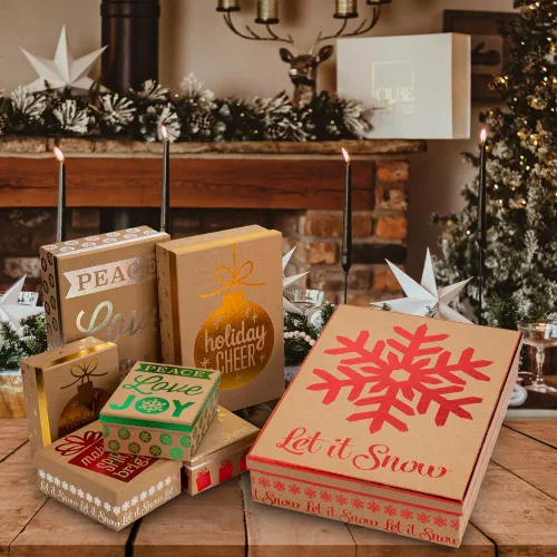 Miniatura 3 de Hollyone - Paquete de 7 cajas de regalo de Navidad de papel de estraza con tapas en diseños surtidos, cajas de envoltorio de regalo de Navidad