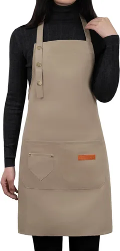 Delantal para hombres y mujeres con correas ajustables y bolsillos grandes, delantales de chef tipo babero de lona de algodón para cocina, Beige