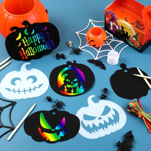 Miniatura 7 de JULMELON Kit de manualidades de papel para rascar de Halloween, 48 piezas a granel de calabazas de Halloween, arco iris mágico, arte para rascar