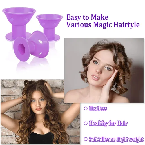 Miniatura 5 de JANYUN 40 rulos mágicos morados para el cabello, incluyen 20 rizadores grandes de silicona para dormir, 20 rizadores de pelo pequeños sin calor