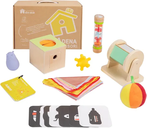 Juguetes Montessori 8 en 1 para bebés de 0 a 6 meses, tarjeta blanca y negra para recién nacidos, sonajero Rainmaker para bebés, caja de pañuelos,
