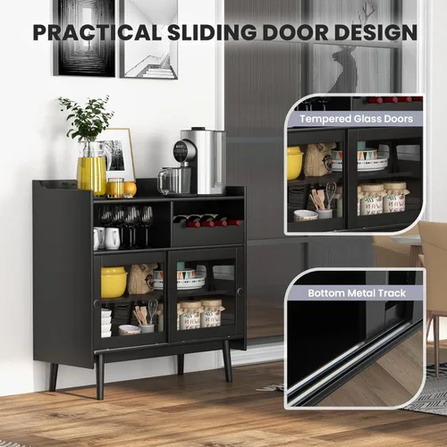Miniatura 6 de Giantex Aparador de buffet, moderno armario de almacenamiento de barra de café con 2 puertas correderas de vidrio templado, estante para vino para 4