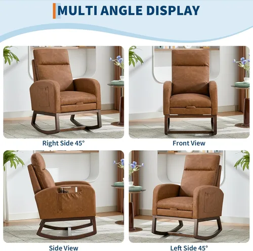 Miniatura 7 de Mecedora para guardería de mamá, mecedoras de poliuretano con reposapiés, respaldo alto y patas de madera y bolsillo lateral para sala de estar