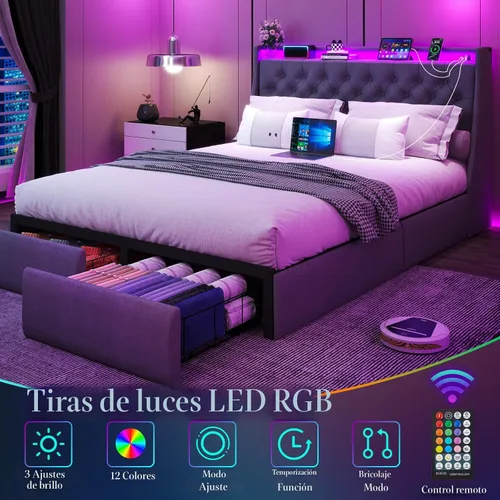 Miniatura 4 de Doltoro - Base de cama Queen con cabecero y 2 cajones de almacenamiento, base de cama tapizada con respaldo de alas tamaño Queen con estación