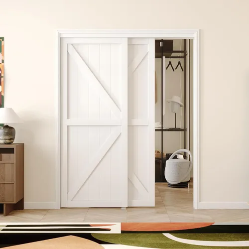 Miniatura 2 de Puerta corredera de armario, puerta corredera de diseño Doble-K, 60"×80" (doble 30"), herrajes incluidos, panel preperforado necesita ensamblar