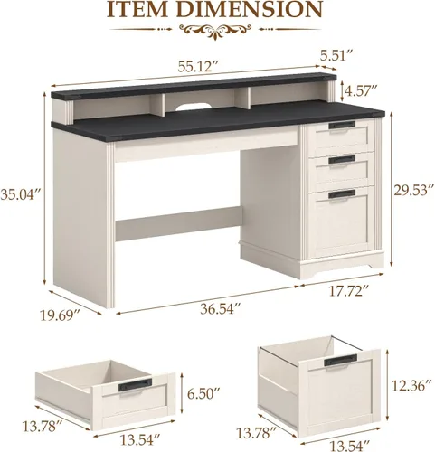 Miniatura 2 de Halitaa Escritorio ejecutivo de granja con 3 cajones, escritorio de computadora con cajón de archivos para colgar archivos de tamaño A4, escritorio