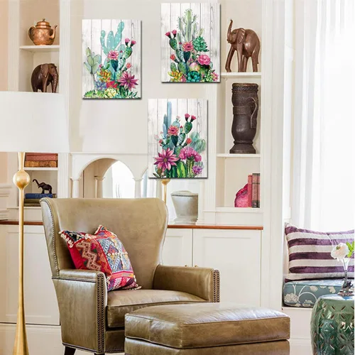 Miniatura 6 de 3 piezas enmarcadas de arte para pared, acuarela, plantas tropicales, cactus del desierto, impresión en lienzo para dormitorio, baño, flores