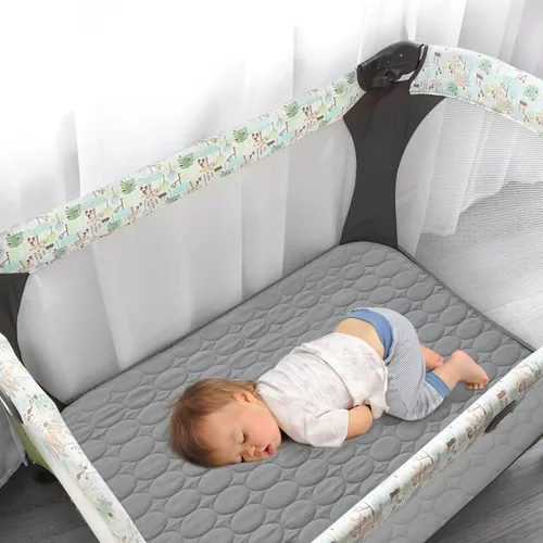Miniatura 2 de Sábanas para Pack and Play Ajustables Protector Impermeable Acolchado, Paquete de 2 Almohadillas de Colchón de Corralito Compatibles con Graco Pack