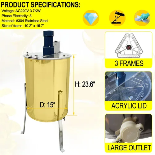 Miniatura 2 de TECHTONGDA Extractor eléctrico de miel, extractor de abeja de 3 marcos, tambor giratorio de panal de abeja de acero inoxidable, equipo de centrífuga