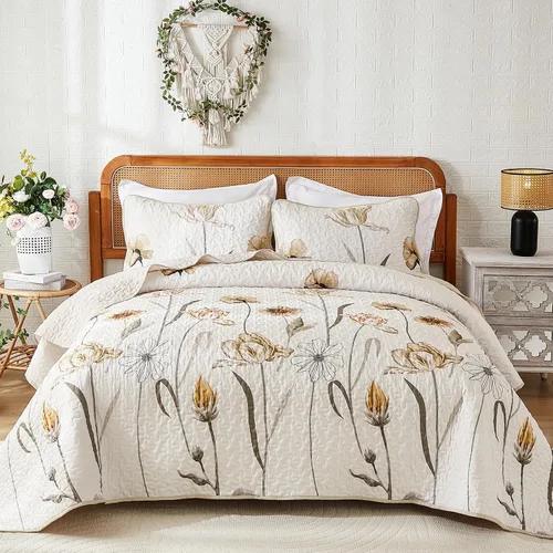 Miniatura 15 de WONGS BEDDING - Juego de edredón floral tamaño Queen, edredón botánico verde y amarillo con 2 fundas de almohada, juego de ropa de cama ligera
