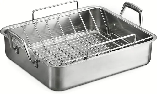 Miniatura 4 de Tramontina Bandeja de Asar Profunda de Acero Inoxidable de 16.5 Pulgadas con Parrilla para Rociar y Rejilla en V, Asador de Pavo para Horno, Apto