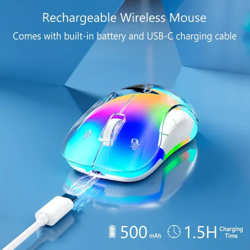 Miniatura 4 de memzuoix Mouse inalámbrico de 2.4G con cubierta personalizable y LED de 9 colores, ergonómico recargable, 1400 DPI, 5 botones, receptor USB para Azul