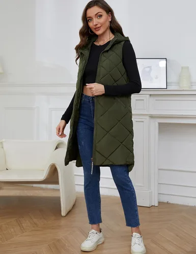Miniatura 2 de Gihuo Chaleco largo con capucha para mujer, sin mangas, con burbujas, con cremallera, abrigo cálido con bolsillos