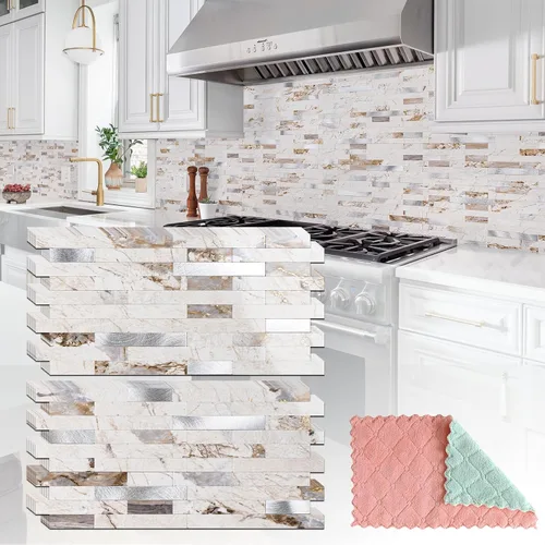 Miniatura 22 de StyloVue 20 hojas para despegar y pegar para cocina, mármol blanco con aspecto de metal plateado que se pega en azulejos para mejorar tu cocina