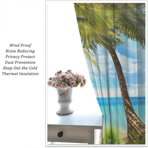 Miniatura 5 de Cortinas de playa con estampado de plantas tropicales y árboles de coco, paisaje natural, con bolsillo para barra, 2 paneles, decoración