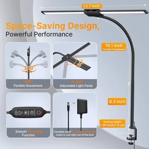 Miniatura 3 de Syrinx - Lámpara de escritorio LED para oficina en casa, lámpara de escritorio de arquitecto con abrazadera, control por gestos/cable, luz
