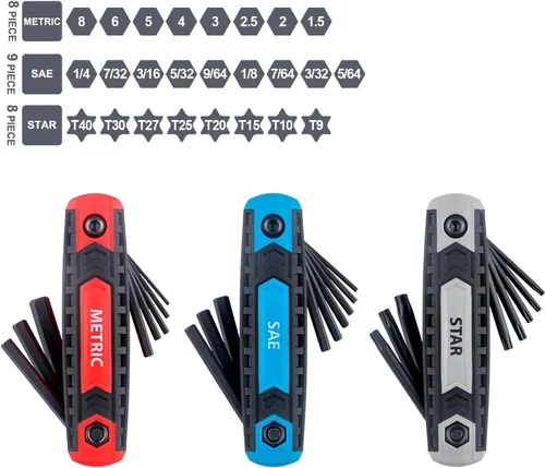 Miniatura 3 de Juego de llaves hexagonales plegables completas de 25 piezas, métricas 1.5mm - 8mm, SAE 5/64” - 1/4”, estrella T9 - T40 Acero Cr-V, puntas