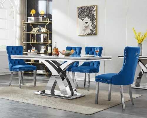 Miniatura 28 de Juego de mesa de comedor de mármol de lujo de 70 pulgadas para 4, juegos de mesa de cocina blanco y dorado para 4, mesa de comedor moderna de mármol
