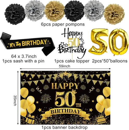 Miniatura 3 de Eucutur Kit de Decoración de 42 Piezas para Cumpleaños 50, para Hombres y Mujeres, Banner de Cumpleaños 50 Feliz en Oro Negro, Globos, Centro