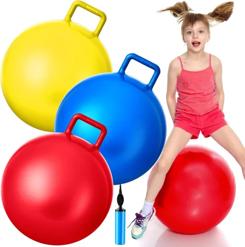 Miniatura 9 de Lewtemi 3 pelotas rebotadoras de 29 pulgadas con asa, bola de salto de tolva al aire libre y bomba de aire para ejercicio deportivo
