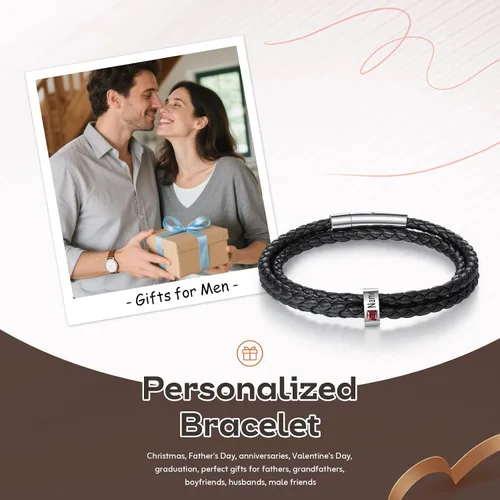 Miniatura 21 de Pulsera personalizada para el Día del Padre para hombre, pulseras personalizadas de cuero trenzado negro con cuentas grabadas de 1 a 8 nombres