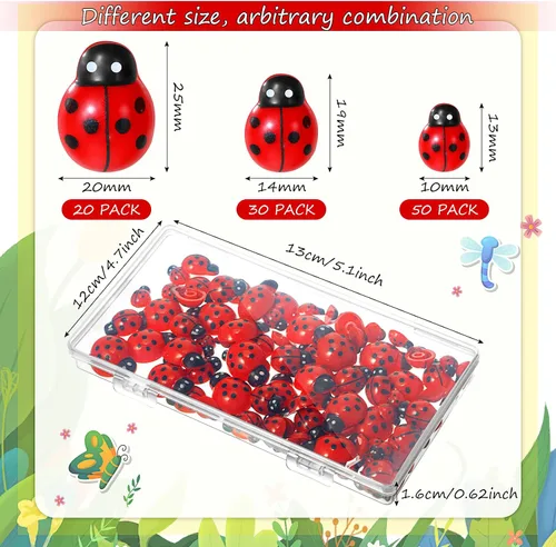 Miniatura 2 de Hicarer 100 piezas de decoración de mariquita para manualidades, mini resina de mariquita plana, colgantes de epoxi, pequeños adornos con caja