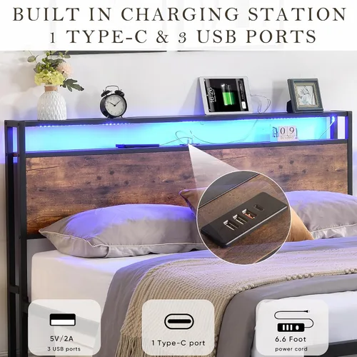 Miniatura 6 de HAUSHECK Base de cama LED de tamaño matrimonial con 2 cajones en ruedas, cabecera de almacenamiento, luces LED, puertos USB y tomacorrientes