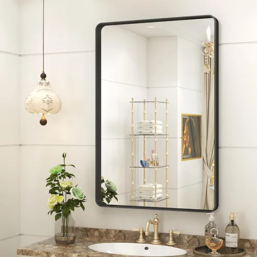Miniatura 32 de Paquete de 2 espejos de baño con marco de metal negro de 22 x 30 pulgadas, espejo rectangular redondeado negro mate, antioxidante, se cuelga