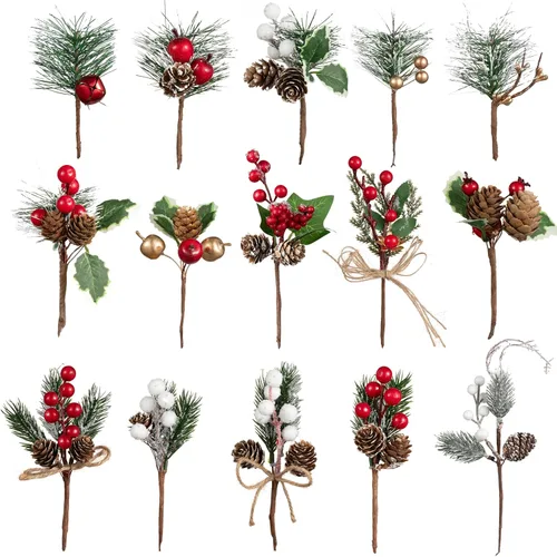 Crafare - Paquete de 15 púas de Navidad pequeñas, púas de bayas rojas de tamaño variado con piñas, tallos para arreglo floral navideño, decoración