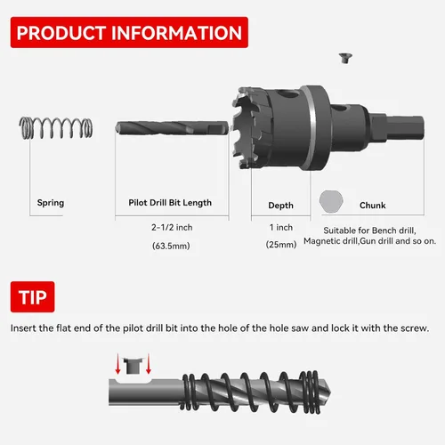 Miniatura 2 de 10 piezas (16-54 mm) Kit de sierra perforadora de carburo TCT para metales duros. Incluye 2 brocas de titanio, 1 broca piloto escalonada y 2 llaves