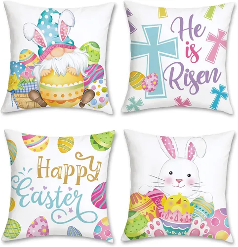 Bonhause Juego de 4 fundas de almohada de Pascua de 18 x 18 pulgadas, decoraciones de Pascua para el hogar, huevos coloridos, conejos, conejos,