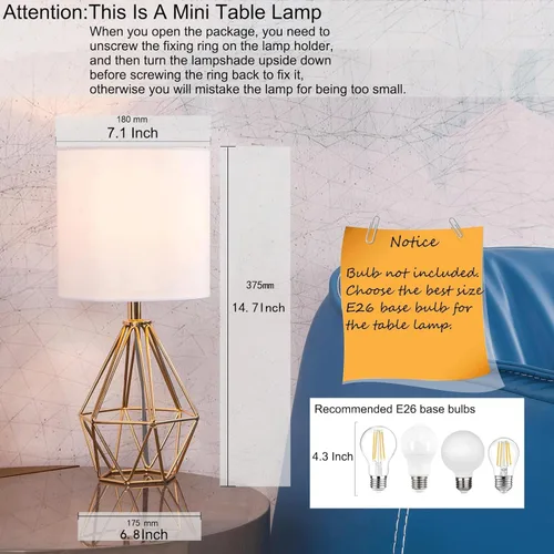 Miniatura 2 de Lámpara de mesa pequeña dorada con base hueca moderna para dormitorio, mesita de noche con base geométrica de metal, pantalla de tela blanca, bonita
