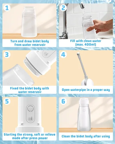Miniatura 7 de Bidé portátil para viajes con botella de 13.5 fl oz, bidé eléctrico recargable de viaje con 3 modos de presión, rociador de bidé de mano impermeable
