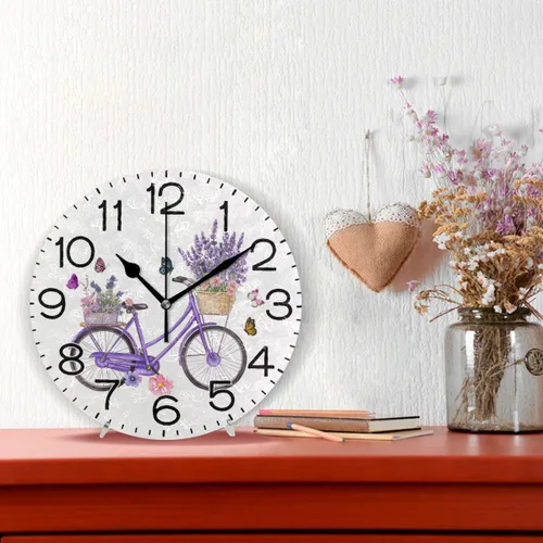 Miniatura 2 de ALAZA Reloj de pared violeta para bicicleta, color lavanda, flores moradas, con mariposas, funciona con pilas, sin tictac, cuarzo silencioso