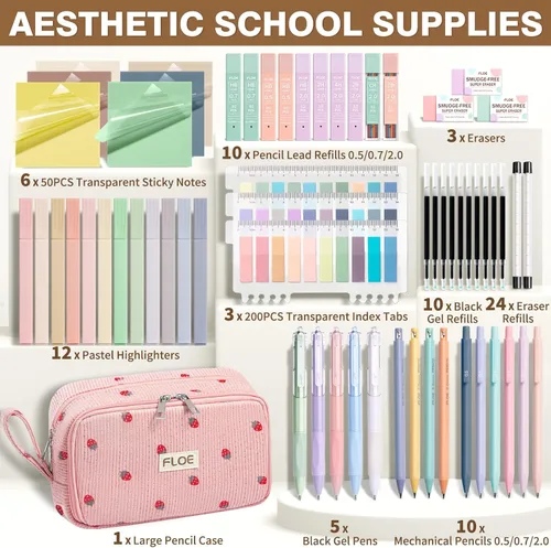 Miniatura 2 de 62 piezas de suministros escolares estéticos, bonitos suministros de regreso a clases, esenciales universitarios, set de papelería con estuche