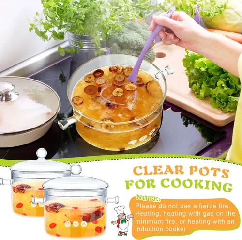 Miniatura 6 de Zubebe Juego de 2 ollas de vidrio para cocinar en la estufa, cacerola de vidrio con tapa, resistente al calor, ollas y sartenes transparentes